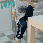 Lunivop Side Striped Bow Drawstring Sweatpants Women High Waist Baggy Pants For Girls Y2K Streetwear